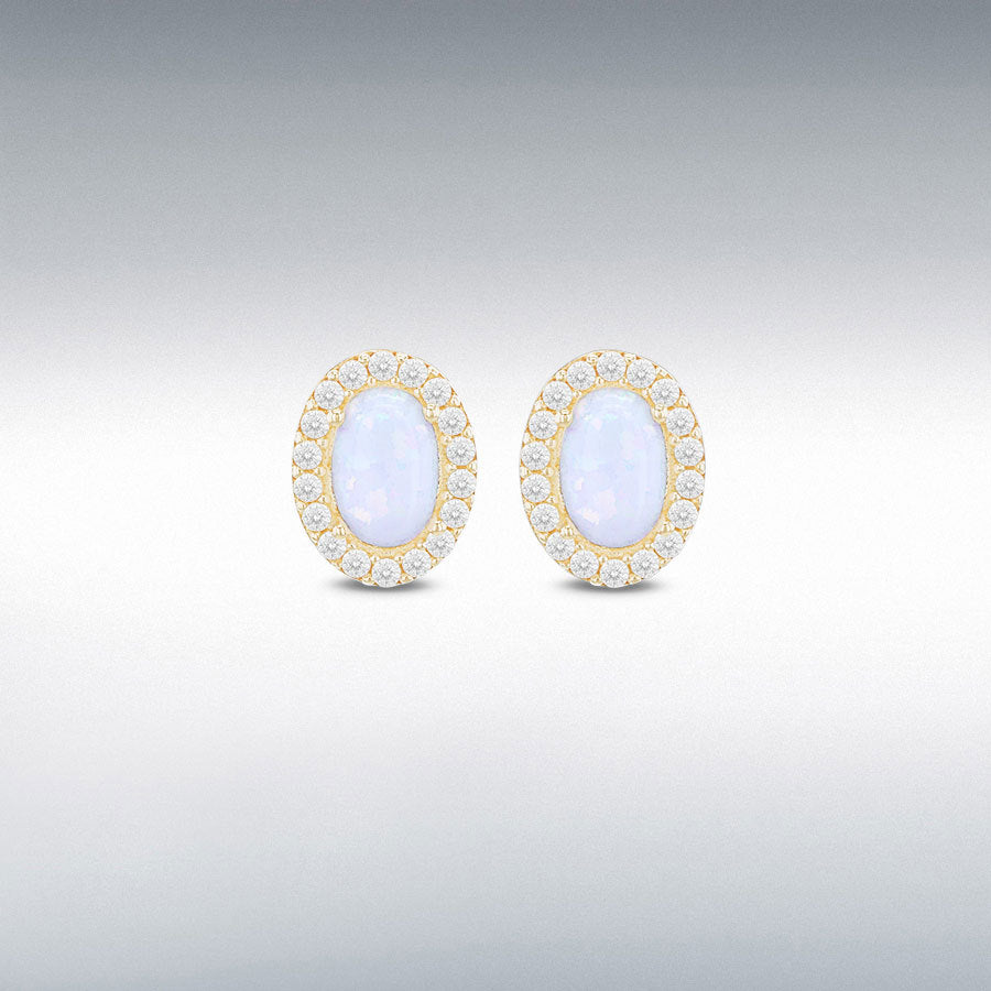 9ct Yellow Gold Synthetic Oval Opal and CZ Stud Earring