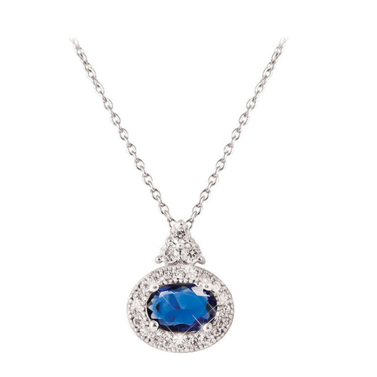 Silver Pendant Oval Sapphire White Surround