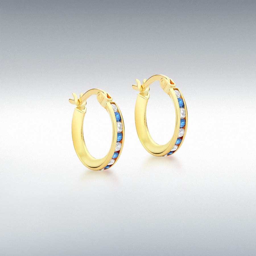 9ct Yellow Gold Round Blue and White CZ Hoop Creole Earrings