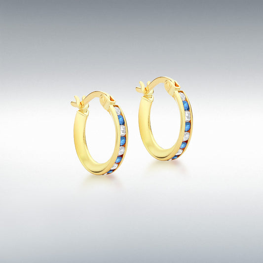 9ct Yellow Gold Round Blue and White CZ Hoop Creole Earrings