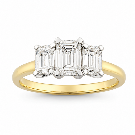 9CT GOLD EMERALD STEP CUT LAB TRILOGY RING