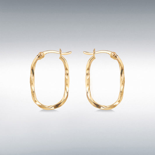 9CT Yellow Gold Twisted Oval Diamond Cut Hoop Earrings