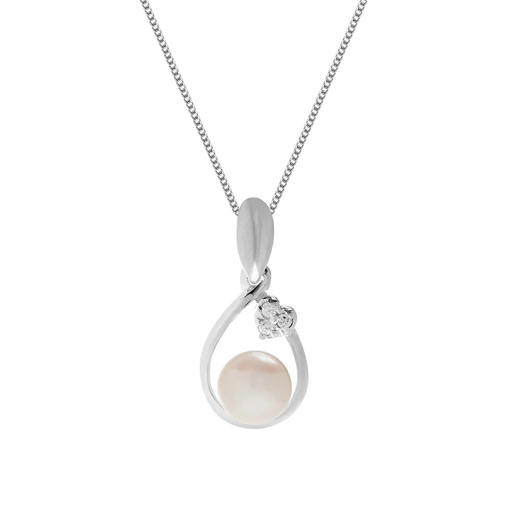 Silver SYN pearl pendant in oval surround with cz