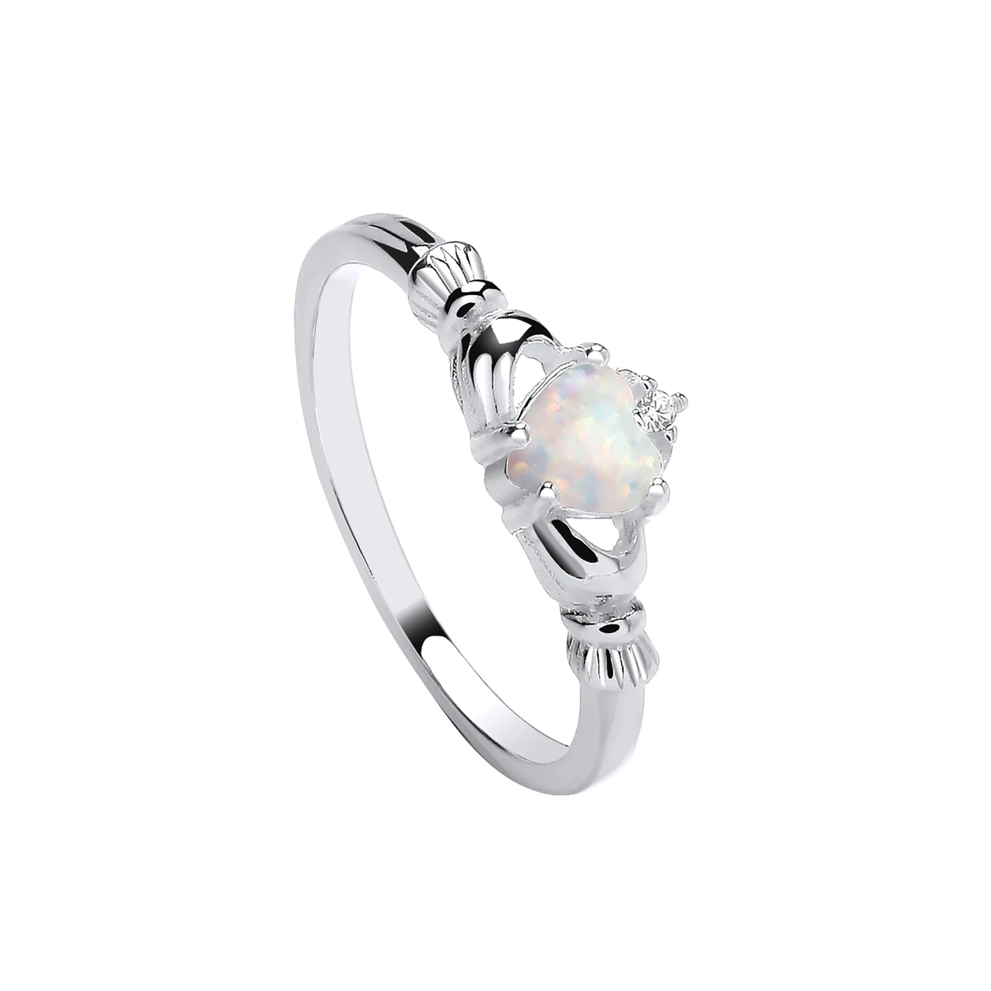 Sil Heart Syn Opal & CZ Claddagh ring