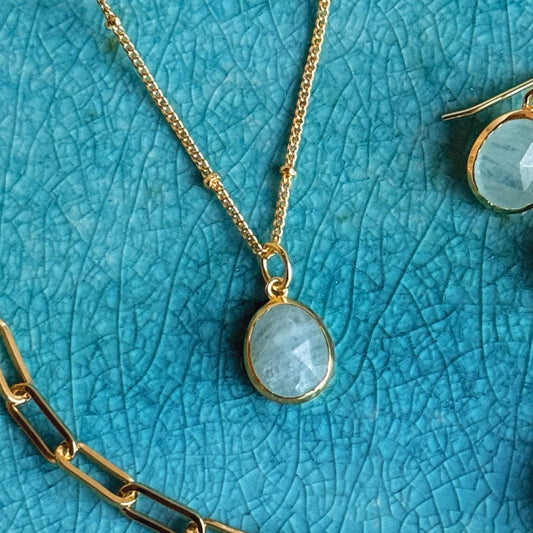 Aegean Gemstone Pendant Necklace 18ct Gold Plated, Aquamarine