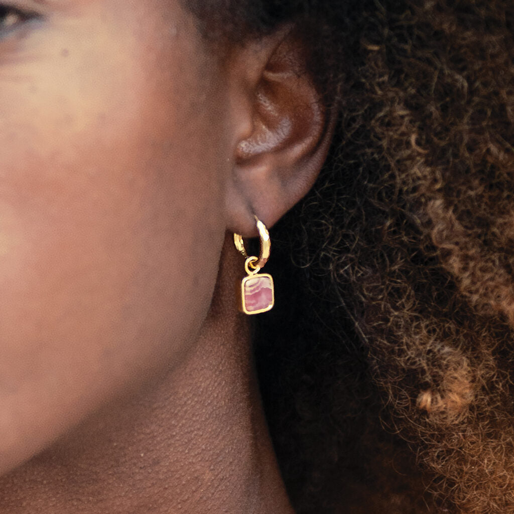 Aztec Gemstone Charm Hoop Earrings 18ct Gold Plated, Rhodochrosite