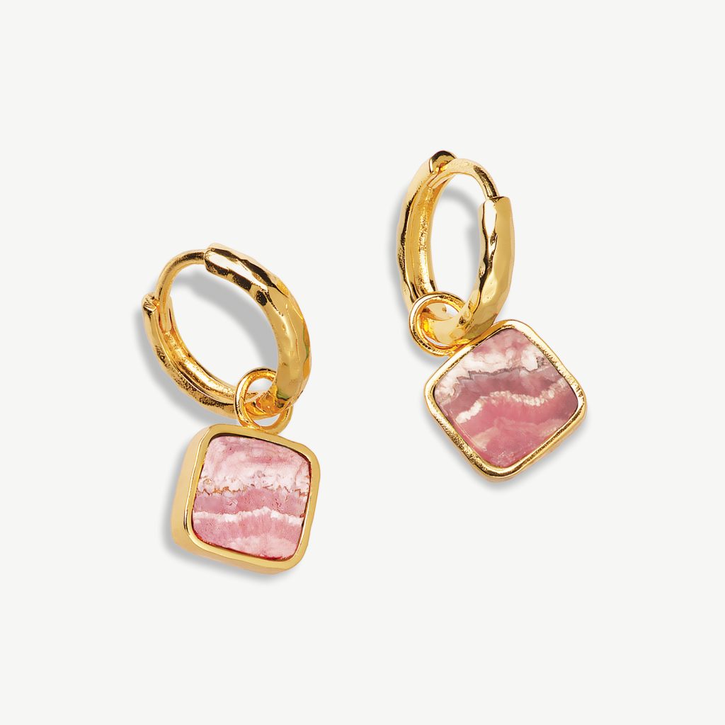 Aztec Gemstone Charm Hoop Earrings 18ct Gold Plated, Rhodochrosite