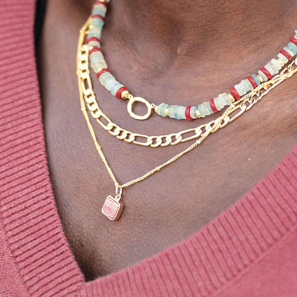 Aztec Gemstone Pendant Necklace 18ct Gold Plated, Rhodochrosite