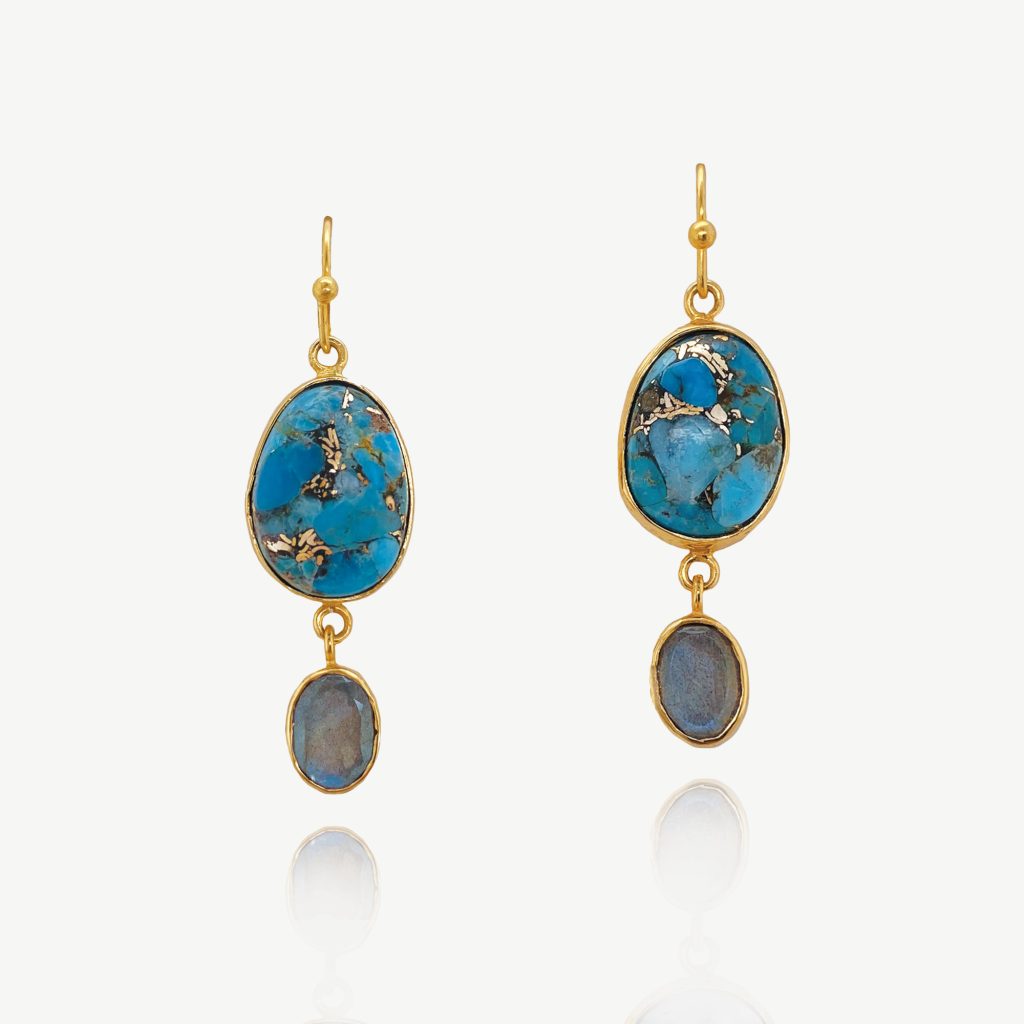 Bazaar Gemstone Drop Earrings 18ct Gold Plated, Turquoise & Labradorite