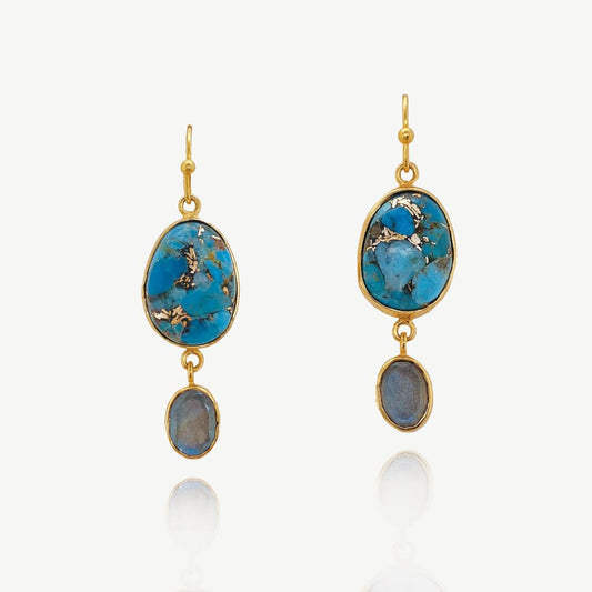 Bazaar Gemstone Drop Earrings 18ct Gold Plated, Turquoise & Labradorite