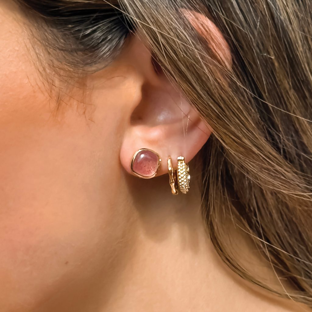 Bella Rosa Gemstone Dome Strud Earrings 18ct Gold Plated, Strawberry Quartz