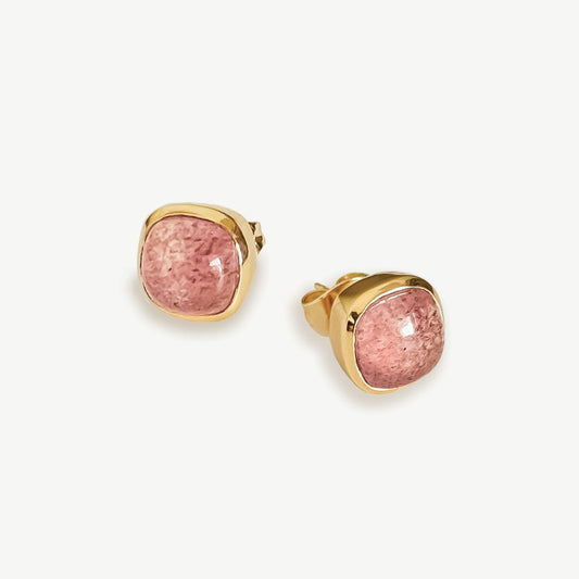 Bella Rosa Gemstone Dome Strud Earrings 18ct Gold Plated, Strawberry Quartz