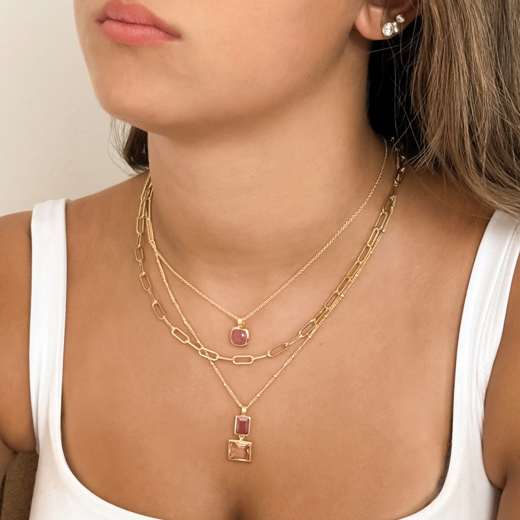 Bella Rosa Gemstone Dome Pendant Necklace 18ct Gold Plated, Strawberry Quartz