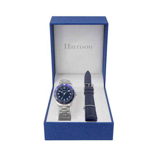 Boys Steel Blue Dial Watch with Navy Leather Strap