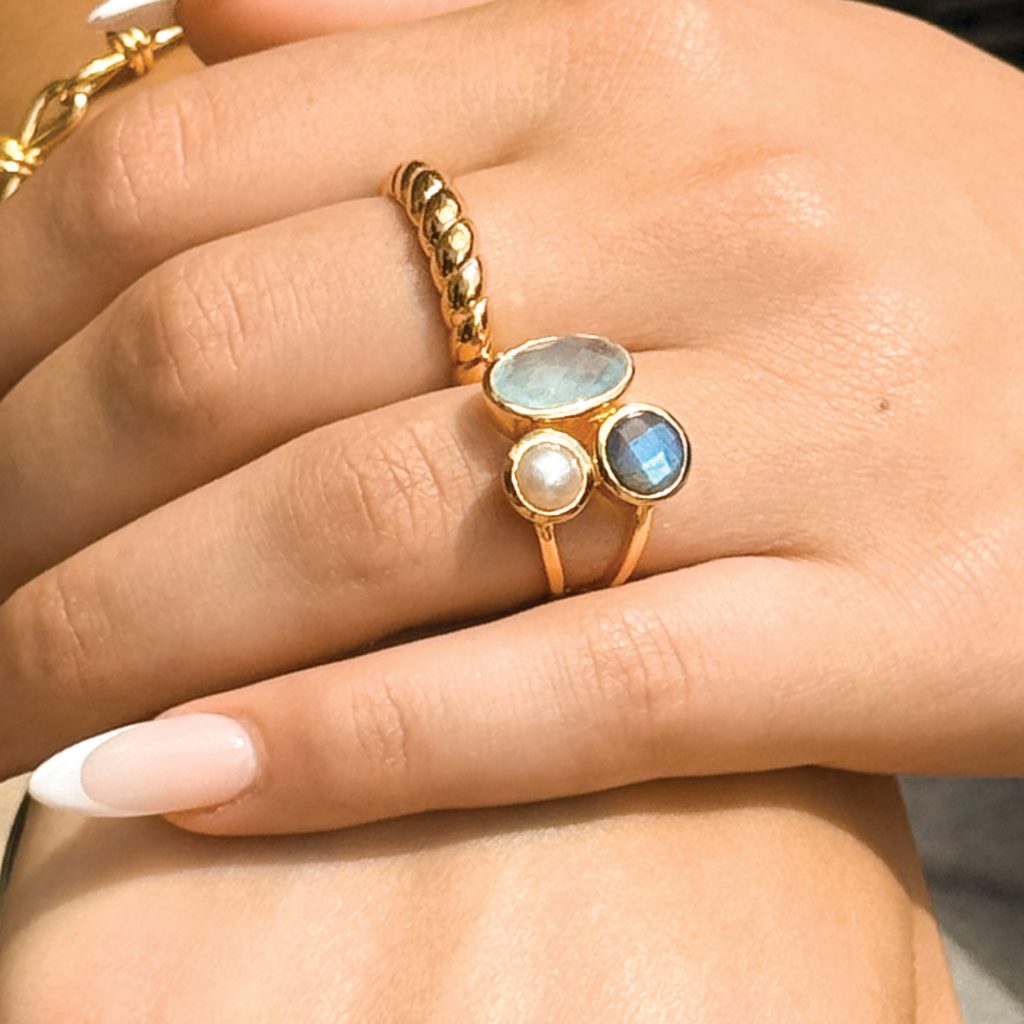Cayman Islands Triple Gemstone Cocktail Ring 18ct Gold Plated, Gemstones & Pearl
