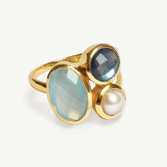 Cayman Islands Triple Gemstone Cocktail Ring 18ct Gold Plated, Gemstones & Pearl
