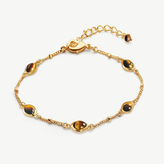 Cinnabar Gemstone Dome Charm Bracelet 18ct Gold Plated, Tiger's Eye