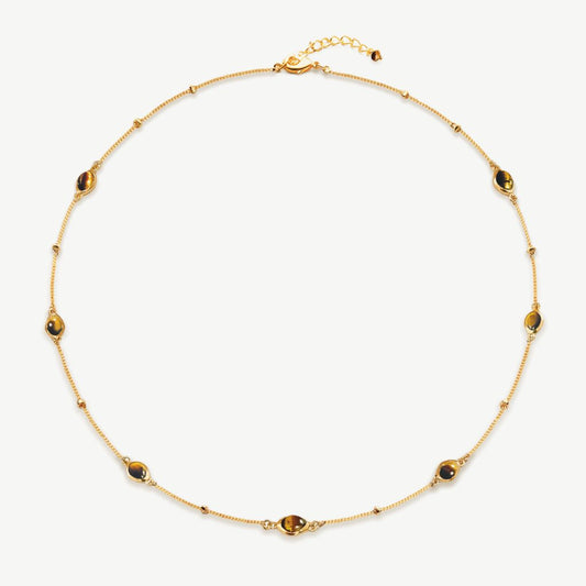 Cinnabar Gemstone Dome Charm Necklace 18ct Gold Plated, Tiger's Eye