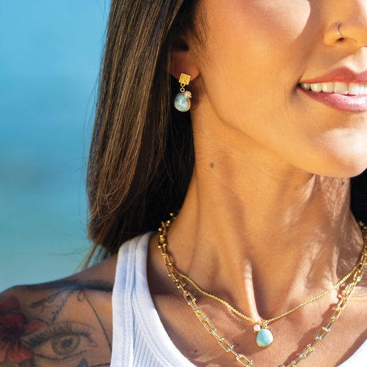 Cool Tides Gemstone Charm Earrings 18ct Gold Plated, Larimar & Pearl