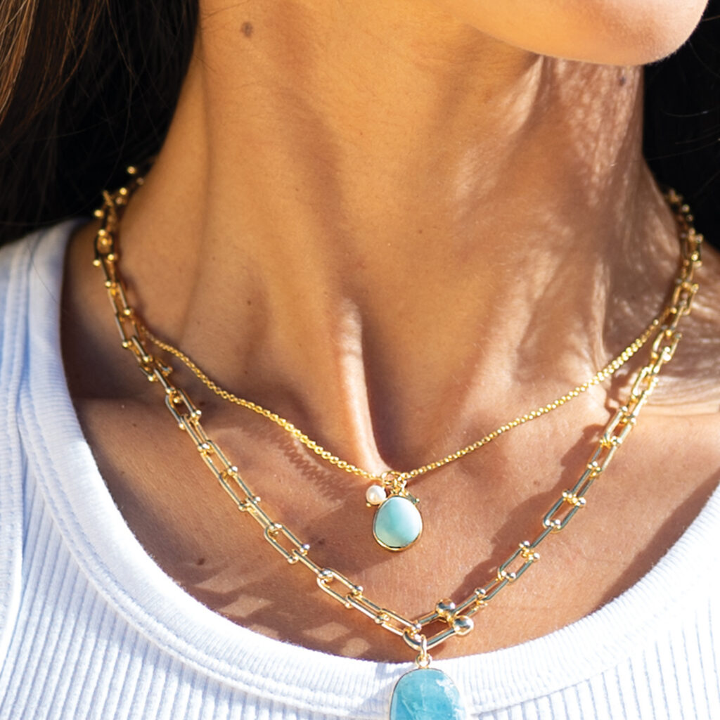 Cool Tides Gemstone Charm Necklace 18ct Gold Plated, Larimar & Pearl