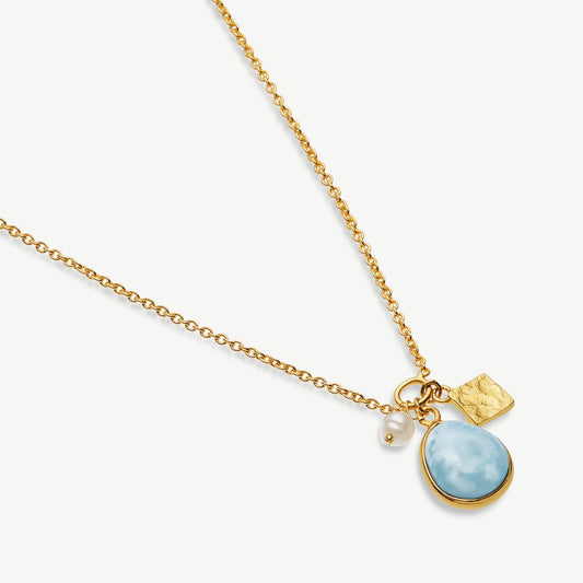 Cool Tides Gemstone Charm Necklace 18ct Gold Plated, Larimar & Pearl