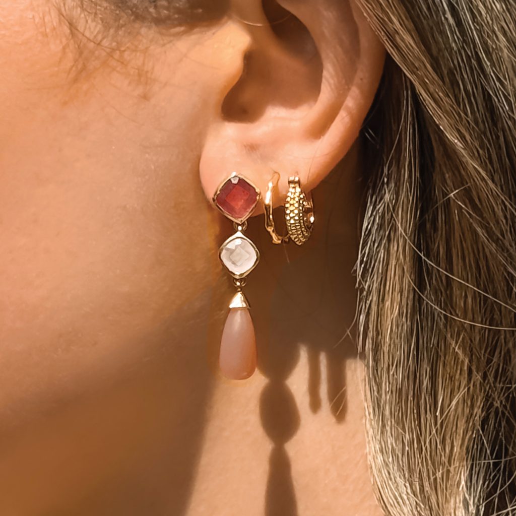 Coral Bay Gemstone Drop Stud Earrings 18ct Gold Plated, Gemstones