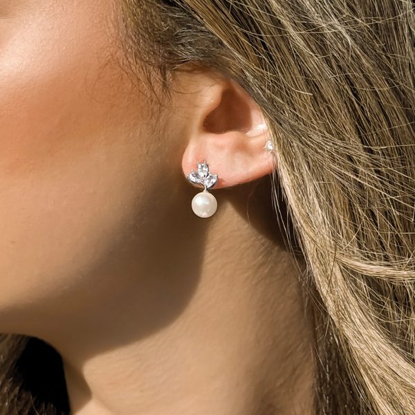 Denver Silver Crystal Pearl Stud Earrings