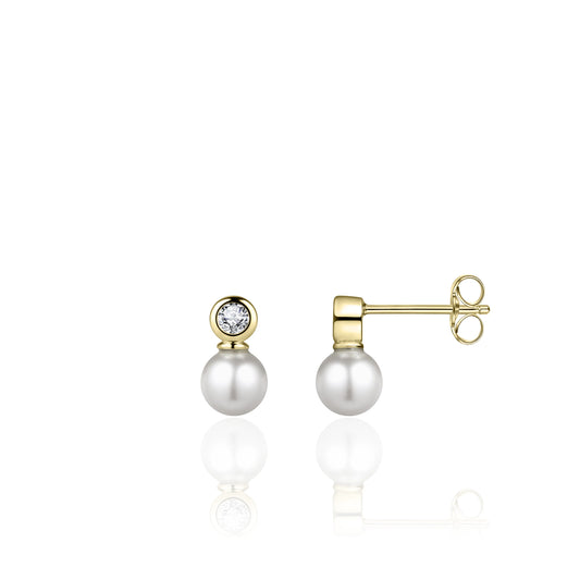 Gold Bezel And Pearl Ear Studs