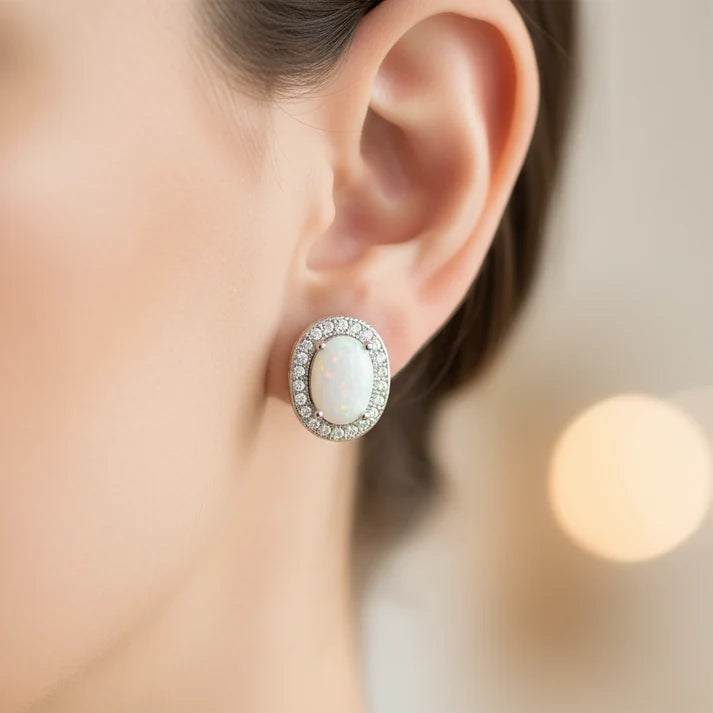 Silver Opal & Cz Oval Earrings
