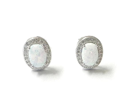 Silver Opal & Cz Oval Earrings