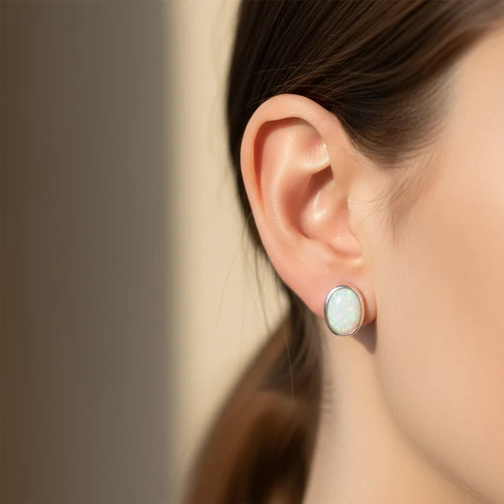 Silver Opal Oval Stud Earrings