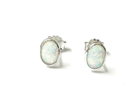 Silver Opal Oval Stud Earrings