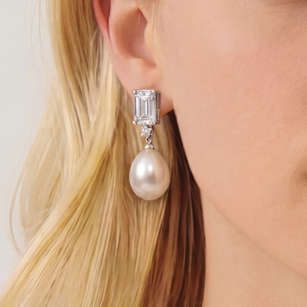 Fairmont Rhodium Crystal Pearl Drop Earrings