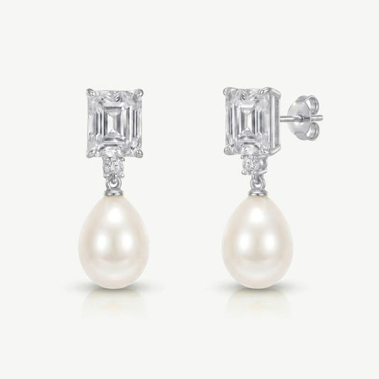 Fairmont Rhodium Crystal Pearl Drop Earrings