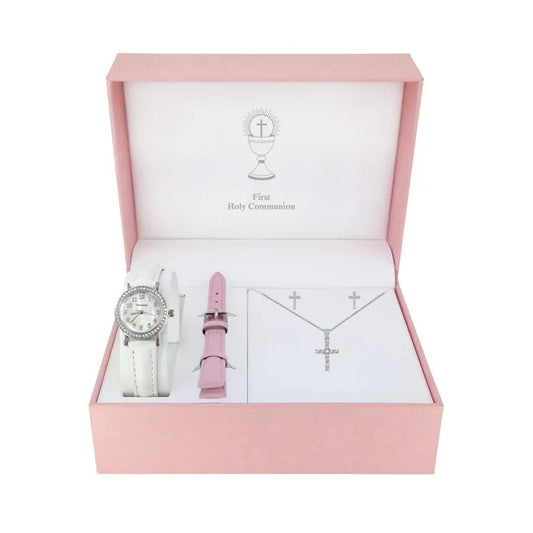 Mother of Pearl Stone Set Communion Watch with CZ Cross and Earring Set