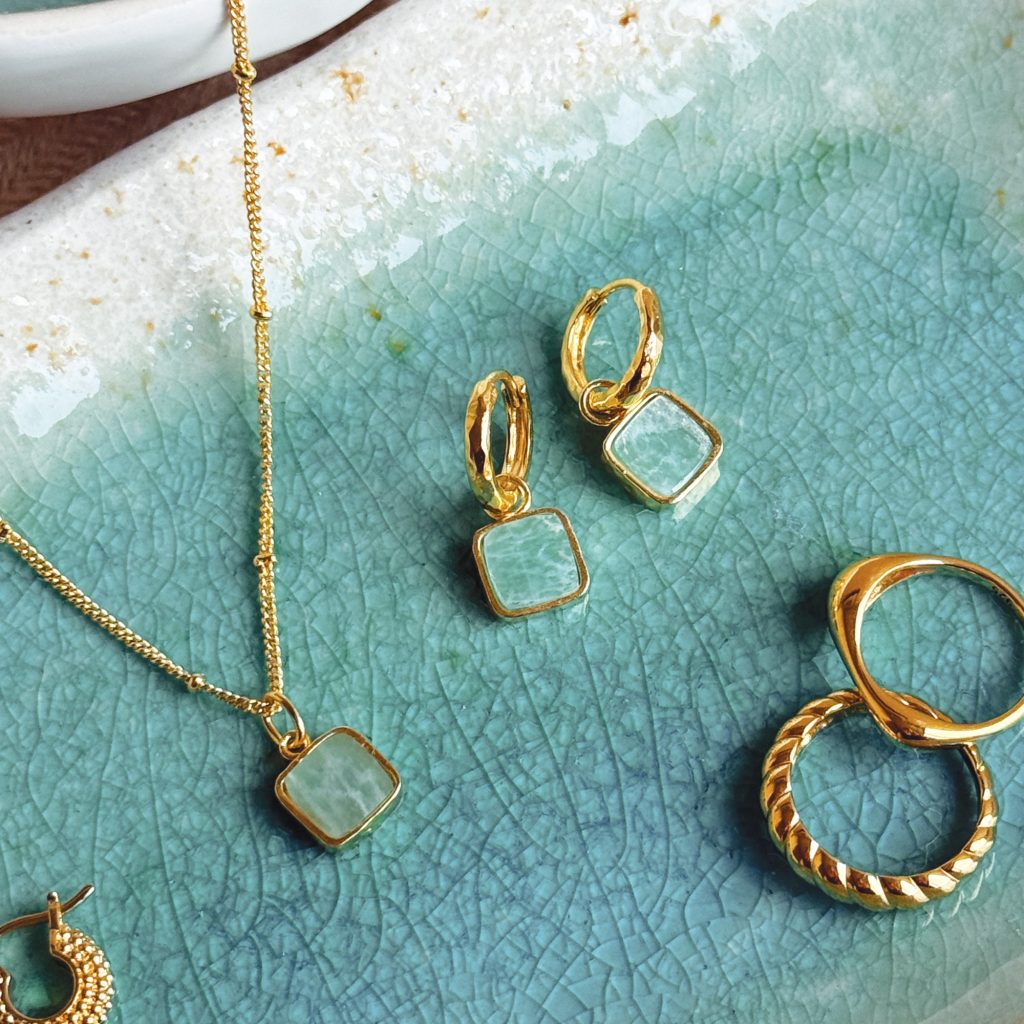 Giza Gemstone Charm Hoop Earrings 18ct Gold Plated, Amazonite