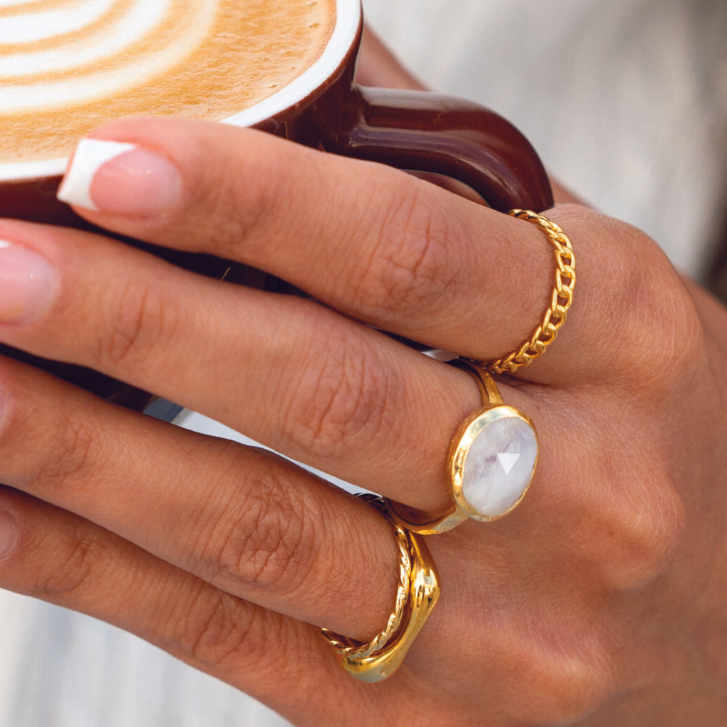Glacier Oval Gemstone Ring 18ct Gold Plated, Moonstone
