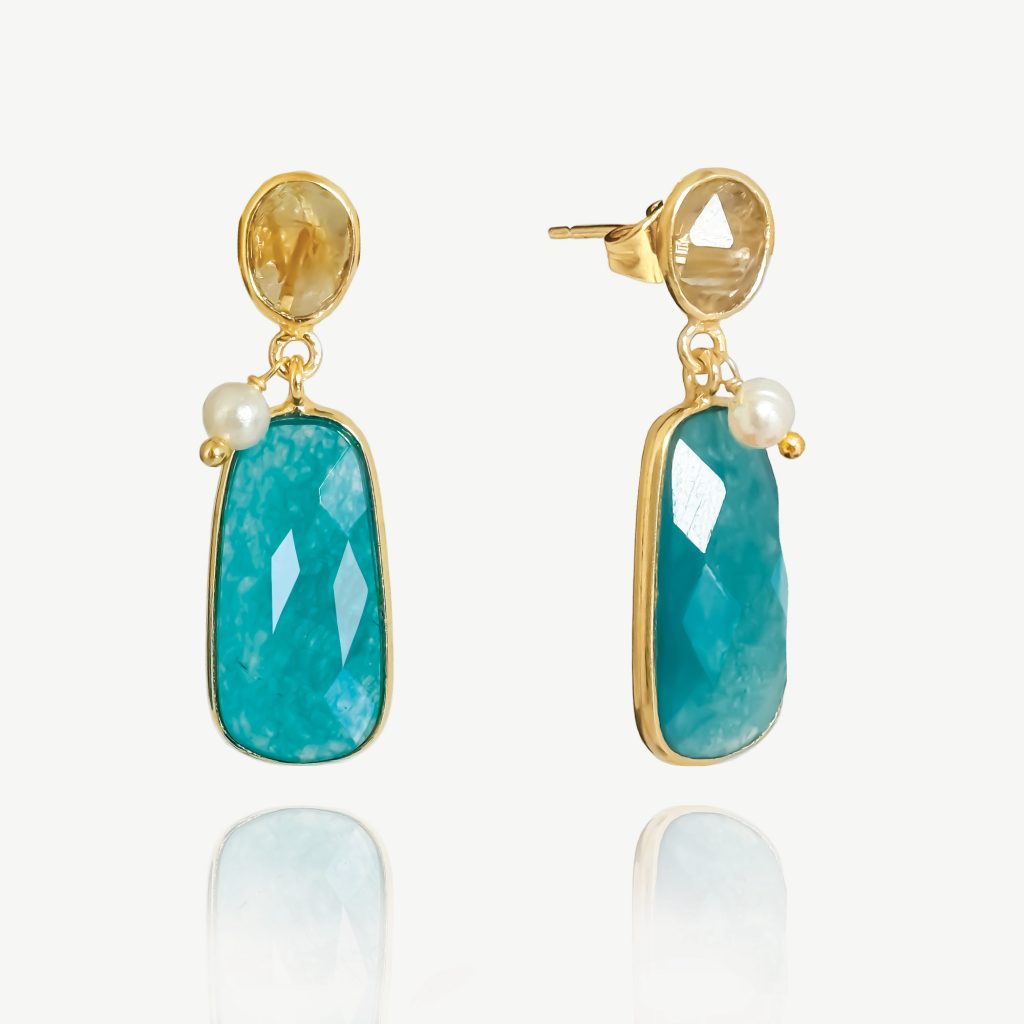 Grecian Seas Gemstone Charm Earrings 18ct Gold Plated, Gemstones & Pearl