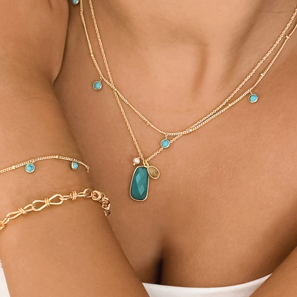 Grecian Seas Gemstone Charm Necklace 18ct Gold Plated, Gemstones & Pearl