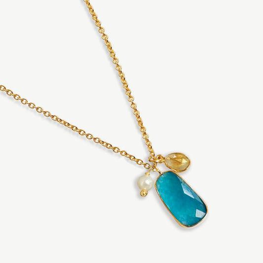 Grecian Seas Gemstone Charm Necklace 18ct Gold Plated, Gemstones & Pearl