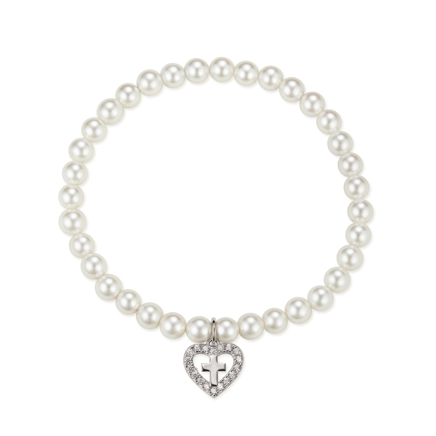 Silver Heart Cross Pearl Bracelet