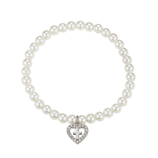 Silver Heart Cross Pearl Bracelet