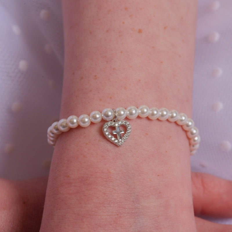 Silver Heart Cross Pearl Bracelet