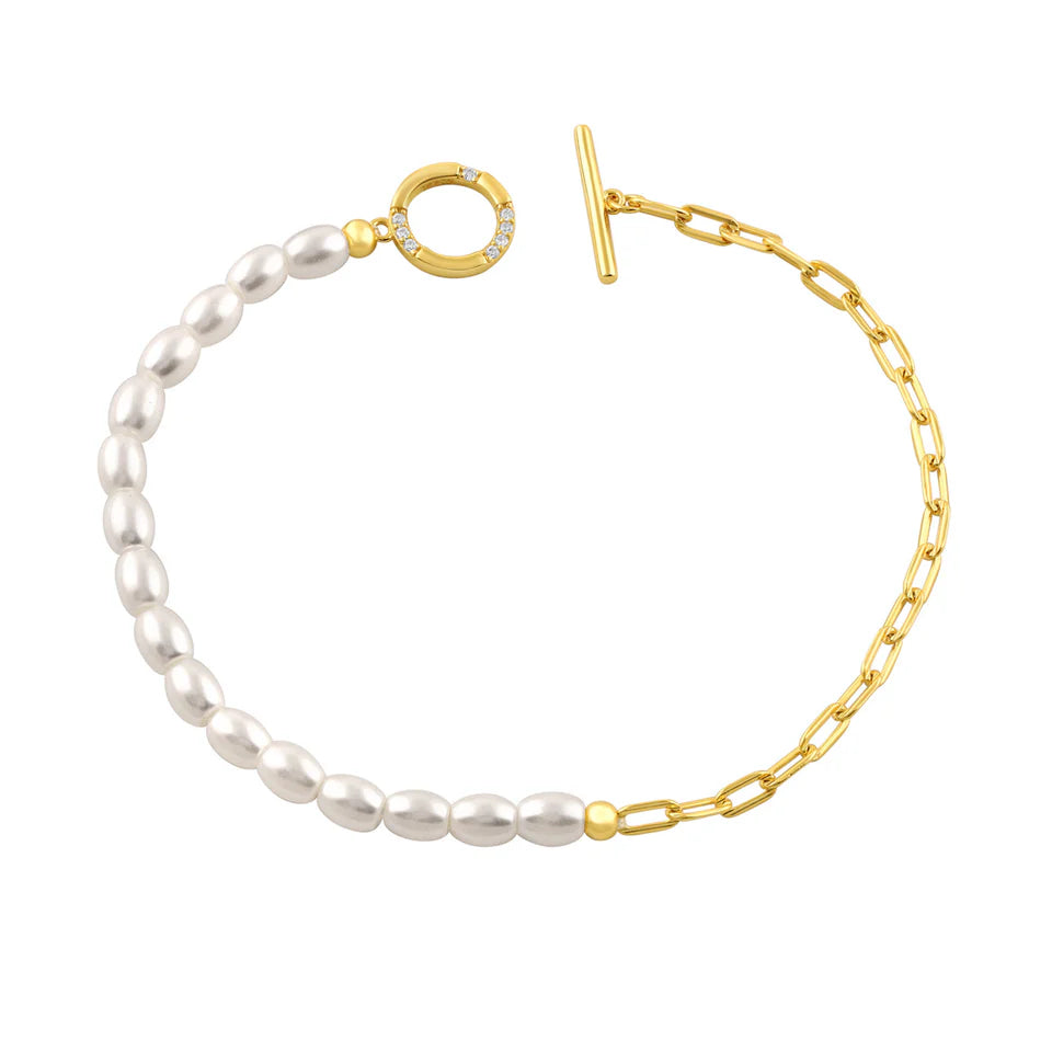 GEORGINI ALCHEMY PAPERCLIP PEARL FOB BRACELET GOLD
