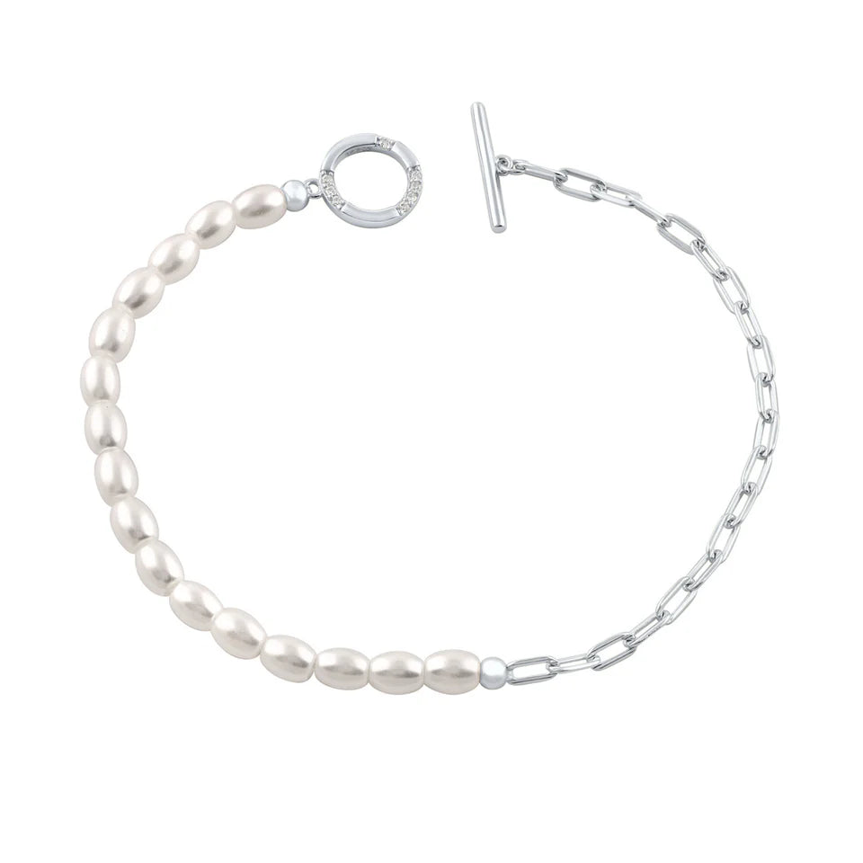 GEORGINI ALCHEMY PAPERCLIP PEARL FOB BRACELET SILVER