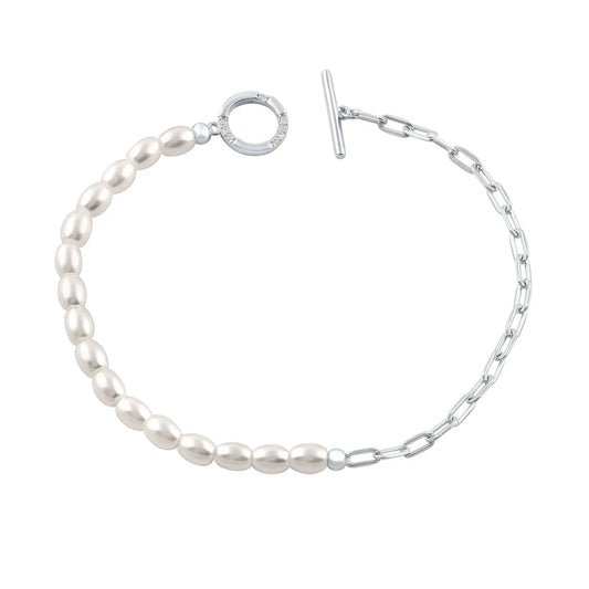 GEORGINI ALCHEMY PAPERCLIP PEARL FOB BRACELET SILVER