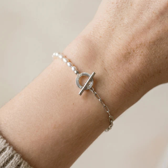 GEORGINI ALCHEMY PAPERCLIP PEARL FOB BRACELET SILVER