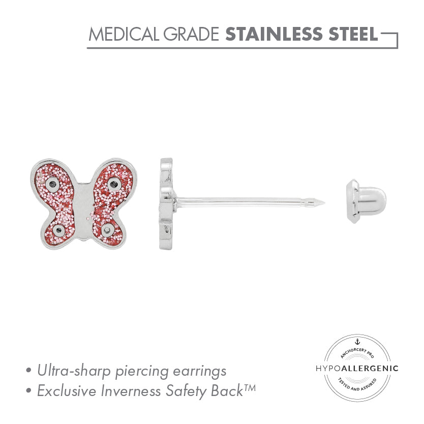 Stainless Steel POL 6 MM BUTTERFLY GLITTER PINK ENAMEL