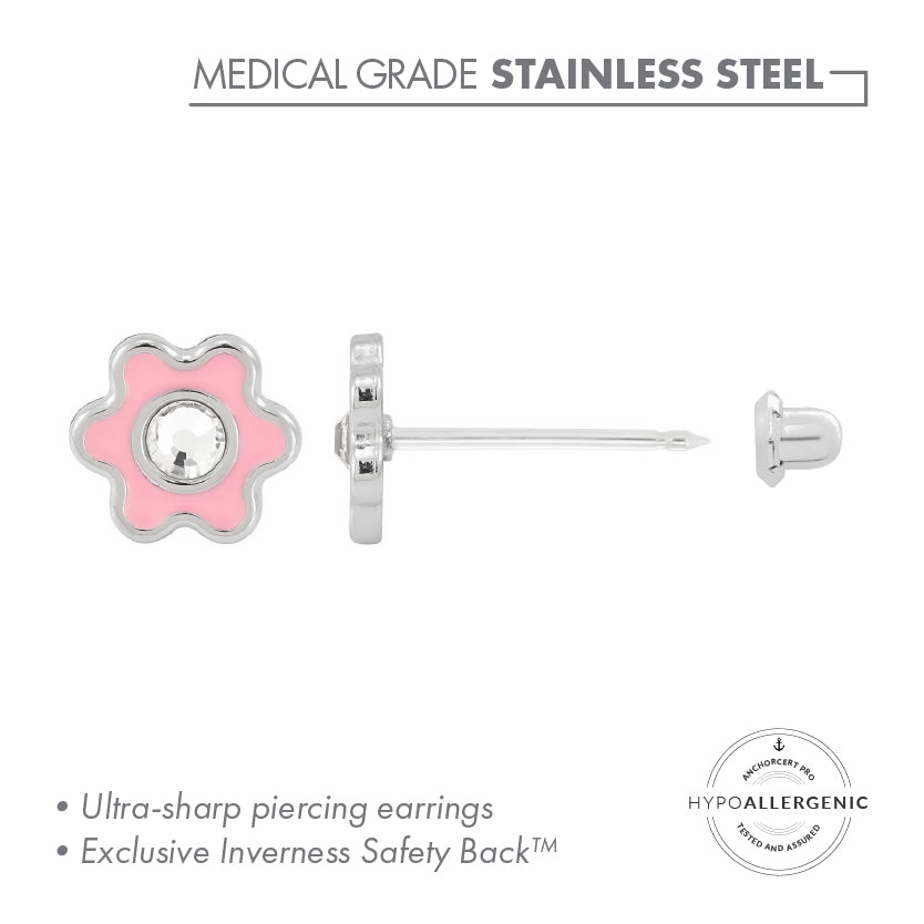 Stainless Steel POL 6MM FLOWER PINK WITH CRYSTAL IN CENTRE