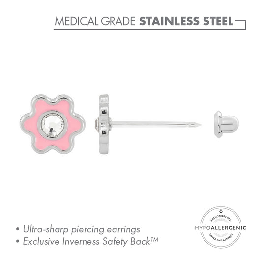 Stainless Steel POL 6MM FLOWER PINK WITH CRYSTAL IN CENTRE